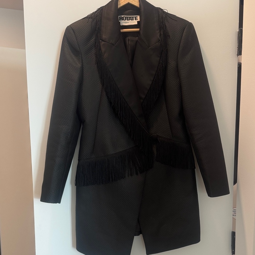 Rotate Birger Christensen Black Fringed Satin-Lapel Blazer